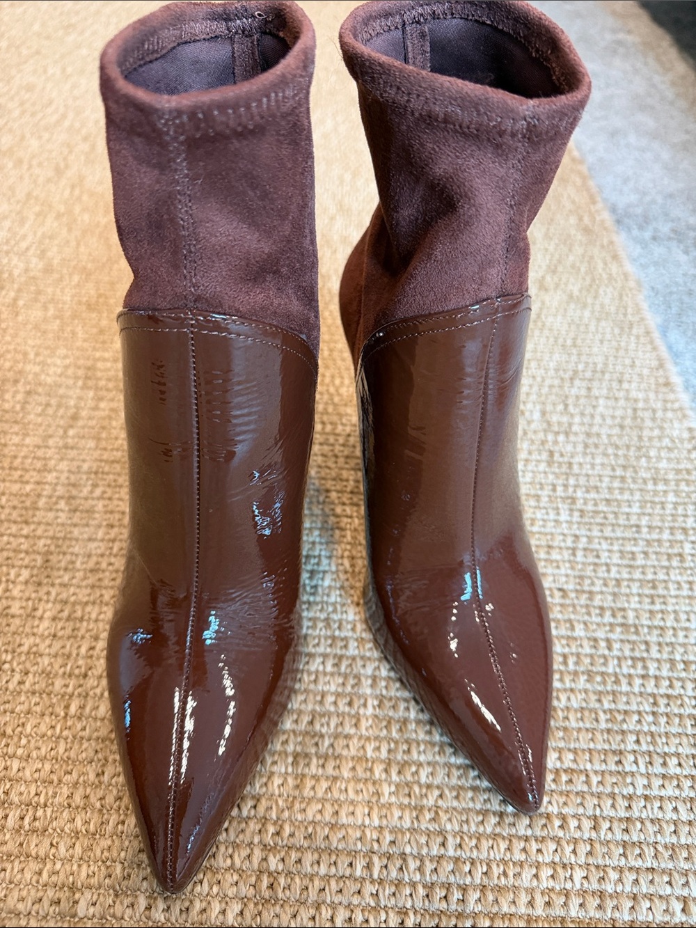 Louise et Cie Brown Patent and Suede Pointed Toe Sock Booties